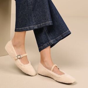 Lulus Eastan Natural Shearling Buckle Ballet Flats Beige - Size 9